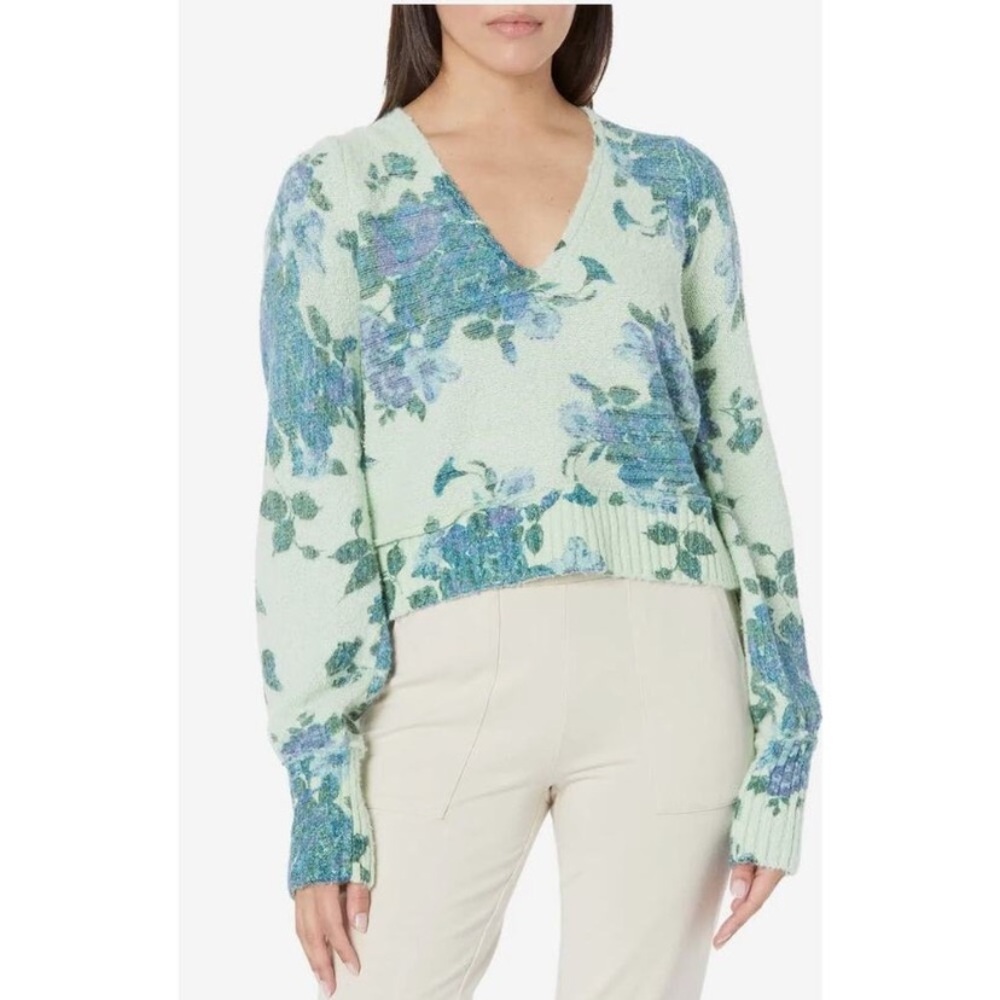 Free People Mint Green Floral V-Neck Sweater